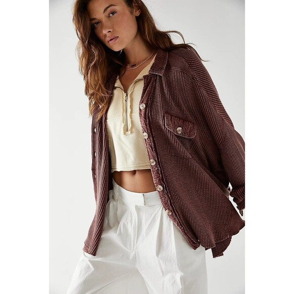 Free People FP One Scout Jacket Top Waffle Knit Buttondown Oversized M 281572 - Picture 1 of 8